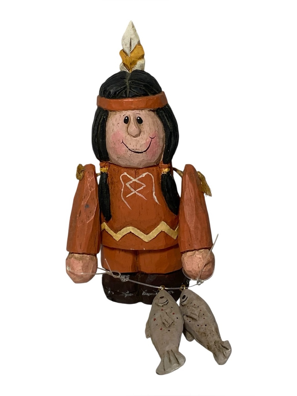 Wooden Native American Figurine with Fish Eddie Walker Rustic Folk Art READ